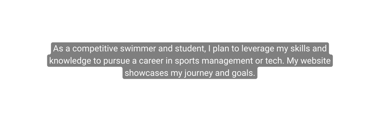 As a competitive swimmer and student I plan to leverage my skills and knowledge to pursue a career in sports management or tech My website showcases my journey and goals